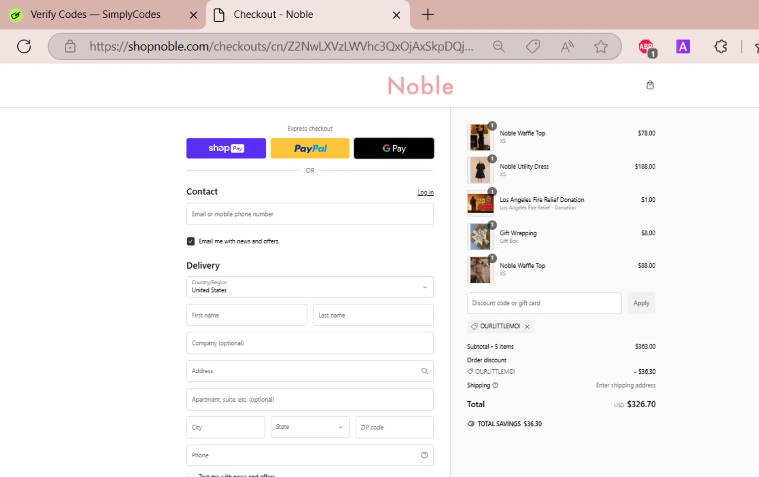 Noble checkout page showing Noble promo code box | Screenshot taken by SimplyCodes community member on Jan 24, 2025