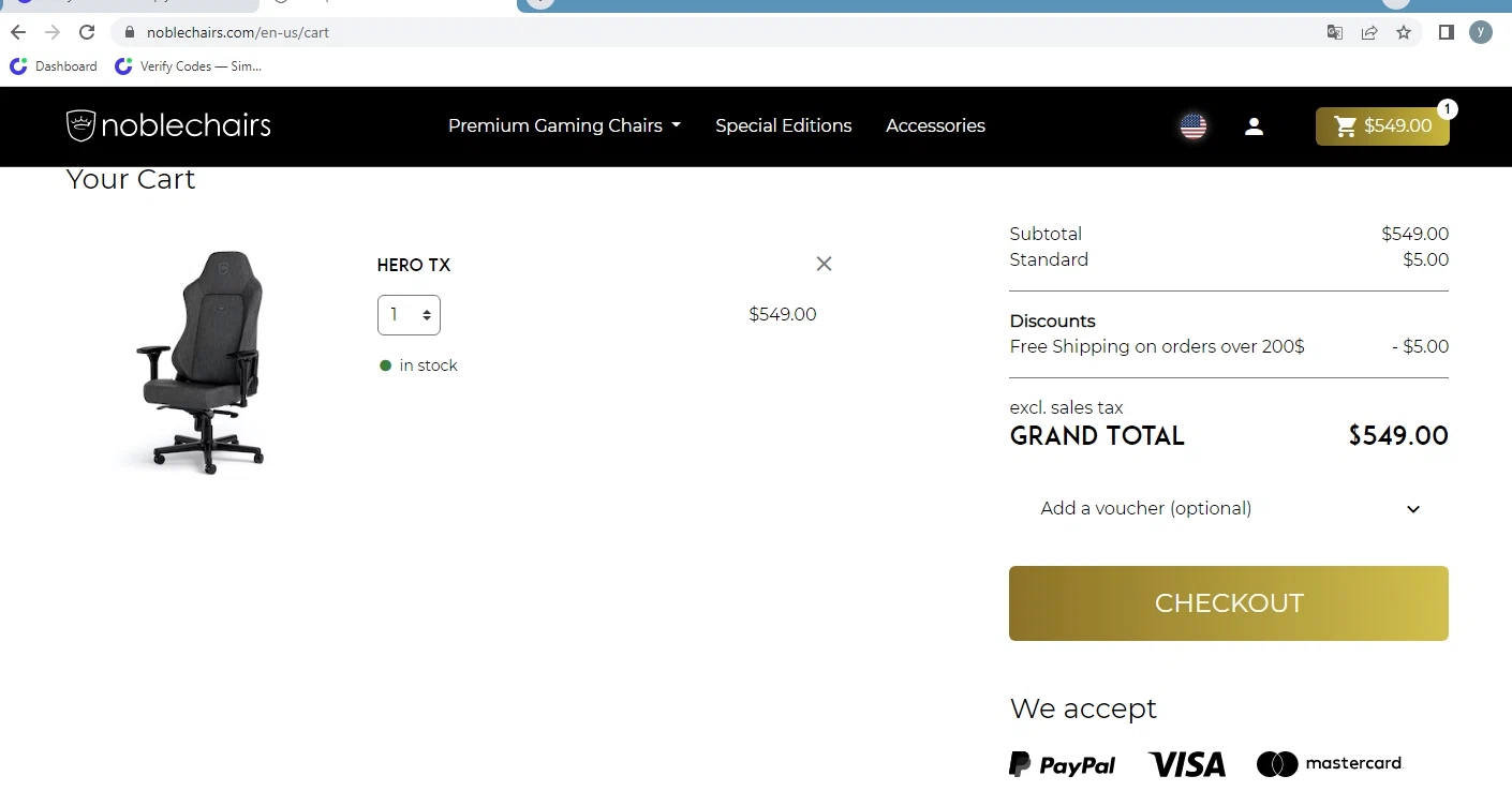 noblechairs checkout page showing noblechairs discount code box | Screenshot taken by SimplyCodes community member on Nov 10, 2022
