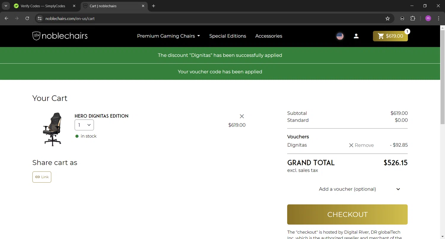 noblechairs checkout page showing noblechairs discount code box | Screenshot taken by SimplyCodes community member on Jul 3, 2024