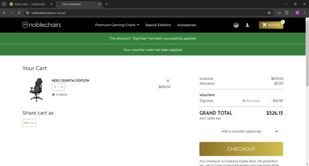 noblechairs checkout page showing noblechairs discount code box | Screenshot taken by SimplyCodes community member on Jul 3, 2024