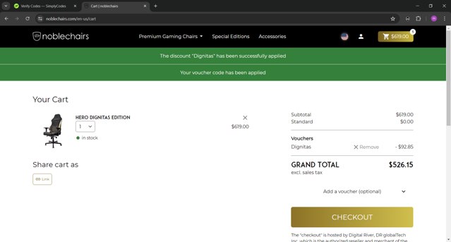 noblechairs checkout page showing noblechairs discount code box | Screenshot taken by SimplyCodes community member on Jul 3, 2024