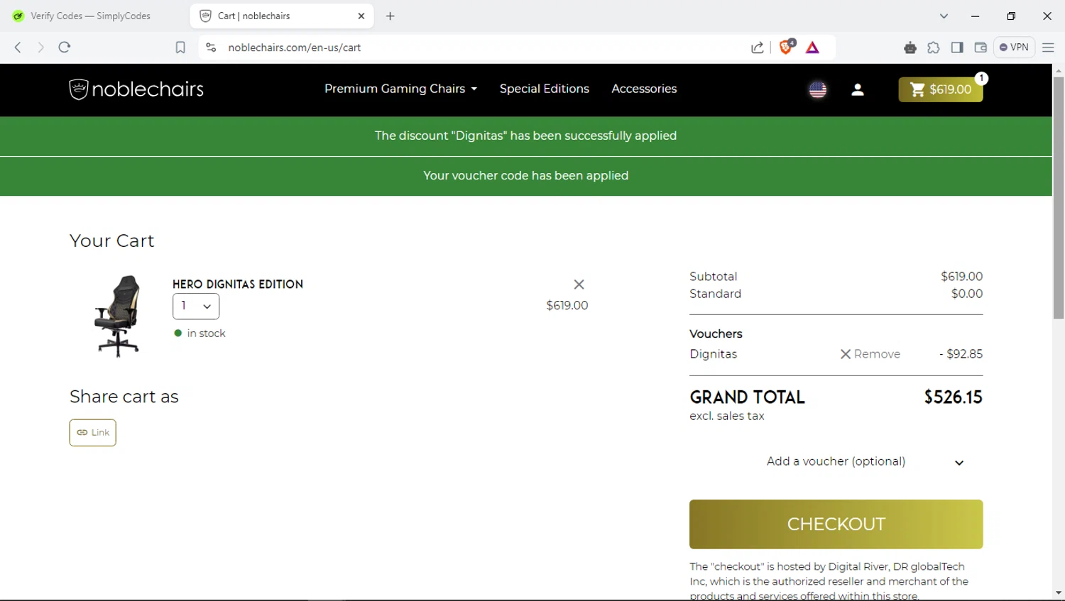 noblechairs checkout page showing noblechairs discount code box | Screenshot taken by SimplyCodes community member on Sep 20, 2024