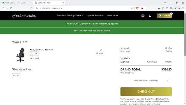 noblechairs checkout page showing noblechairs discount code box | Screenshot taken by SimplyCodes community member on Sep 20, 2024