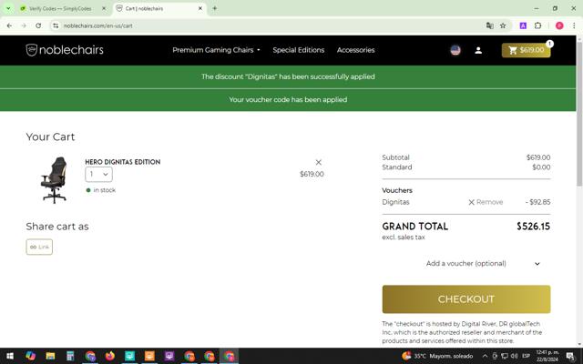 noblechairs checkout page showing noblechairs discount code box | Screenshot taken by SimplyCodes community member on Aug 22, 2024