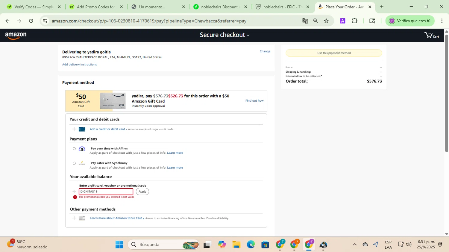 noblechairs discount code screenshot showing code DIGNITAS15 applied at noblechairs checkout page. Uploaded by SimplyCodes community member jesusalvarez1 on Aug 25, 2025