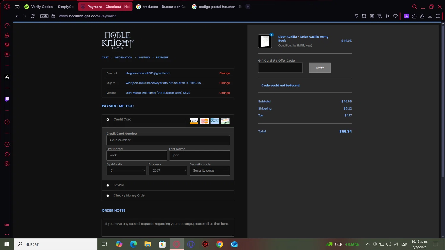Noble Knight coupon code screenshot showing code DISCOUNT10 applied at Noble Knight checkout page. Uploaded by SimplyCodes community member MightyOwl9591 on Aug 5, 2025