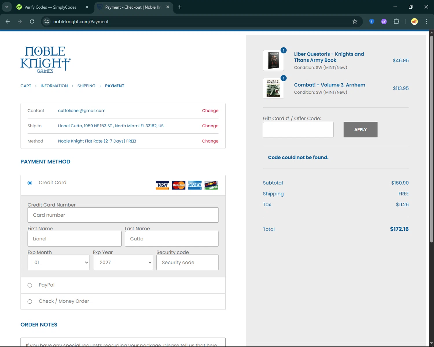 Noble Knight coupon code screenshot showing code DISCOUNT10 applied at Noble Knight checkout page. Uploaded by SimplyCodes community member SmartFinder4193 on Aug 5, 2025