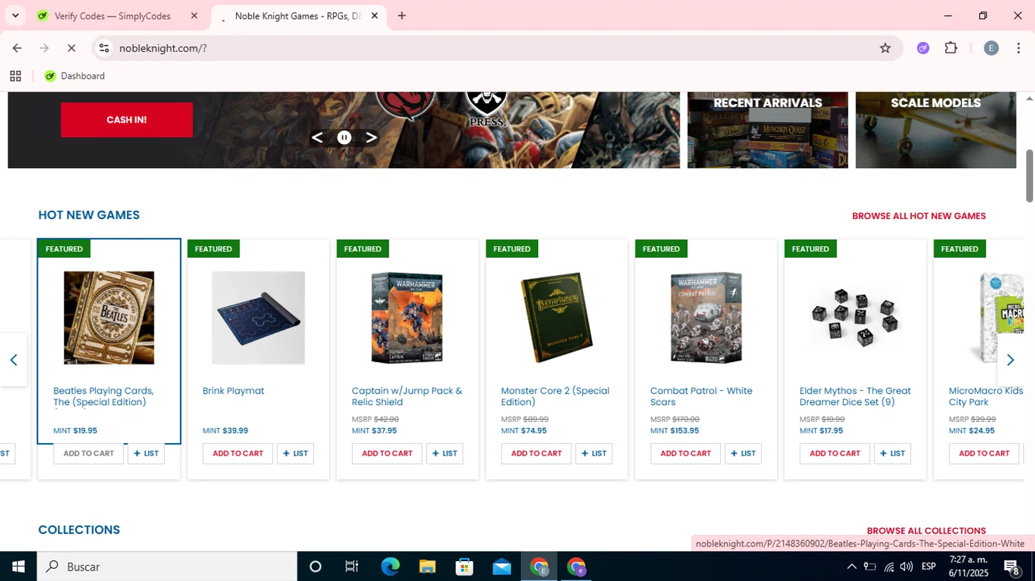 Noble Knight coupon code screenshot showing code NOBLEMUSER applied at Noble Knight checkout page. Uploaded by SimplyCodes community member Esteban on Nov 6, 2025