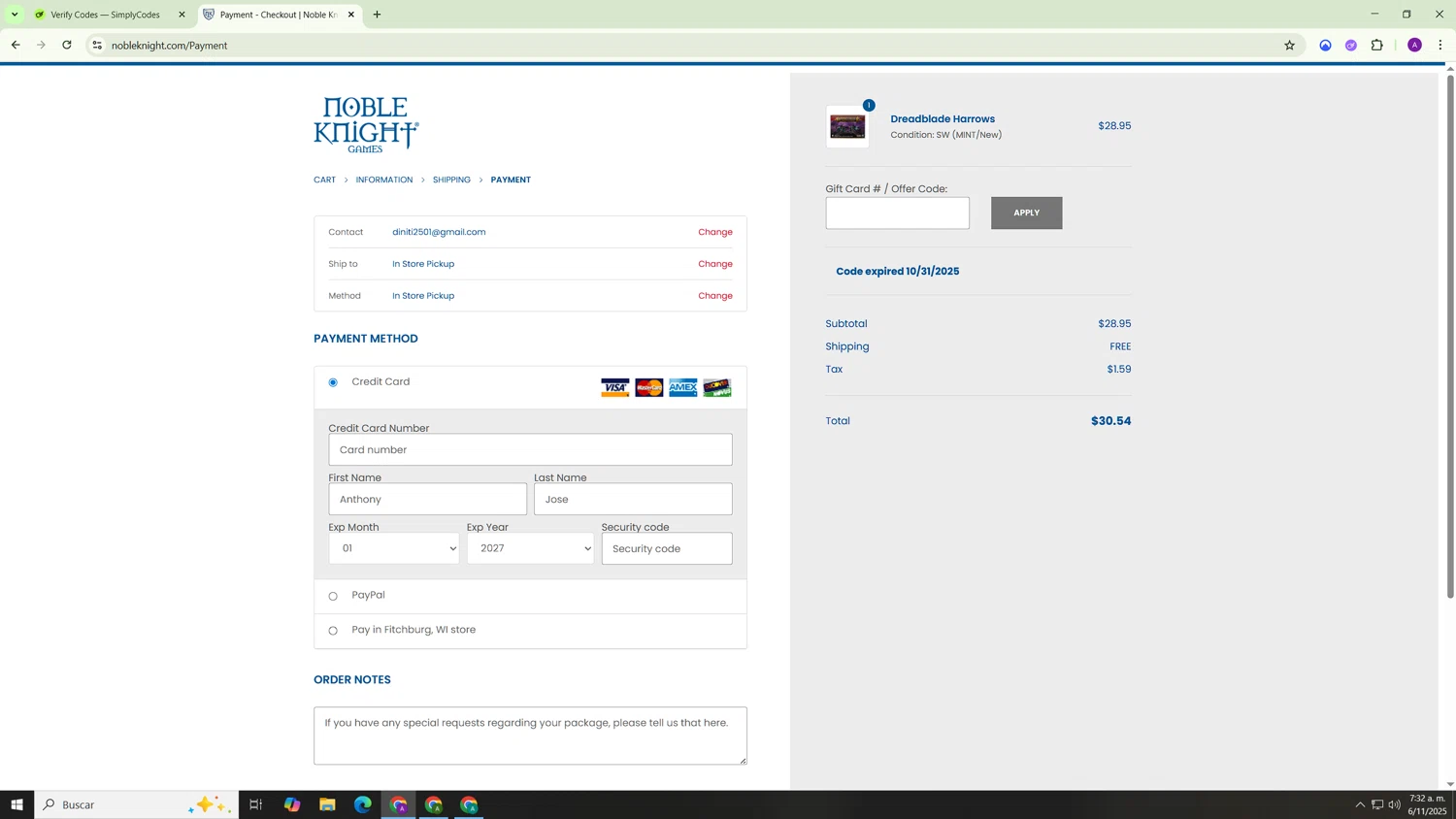 Noble Knight coupon code screenshot showing code NOBLEMUSER applied at Noble Knight checkout page. Uploaded by SimplyCodes community member Hasta_El_Final on Nov 6, 2025