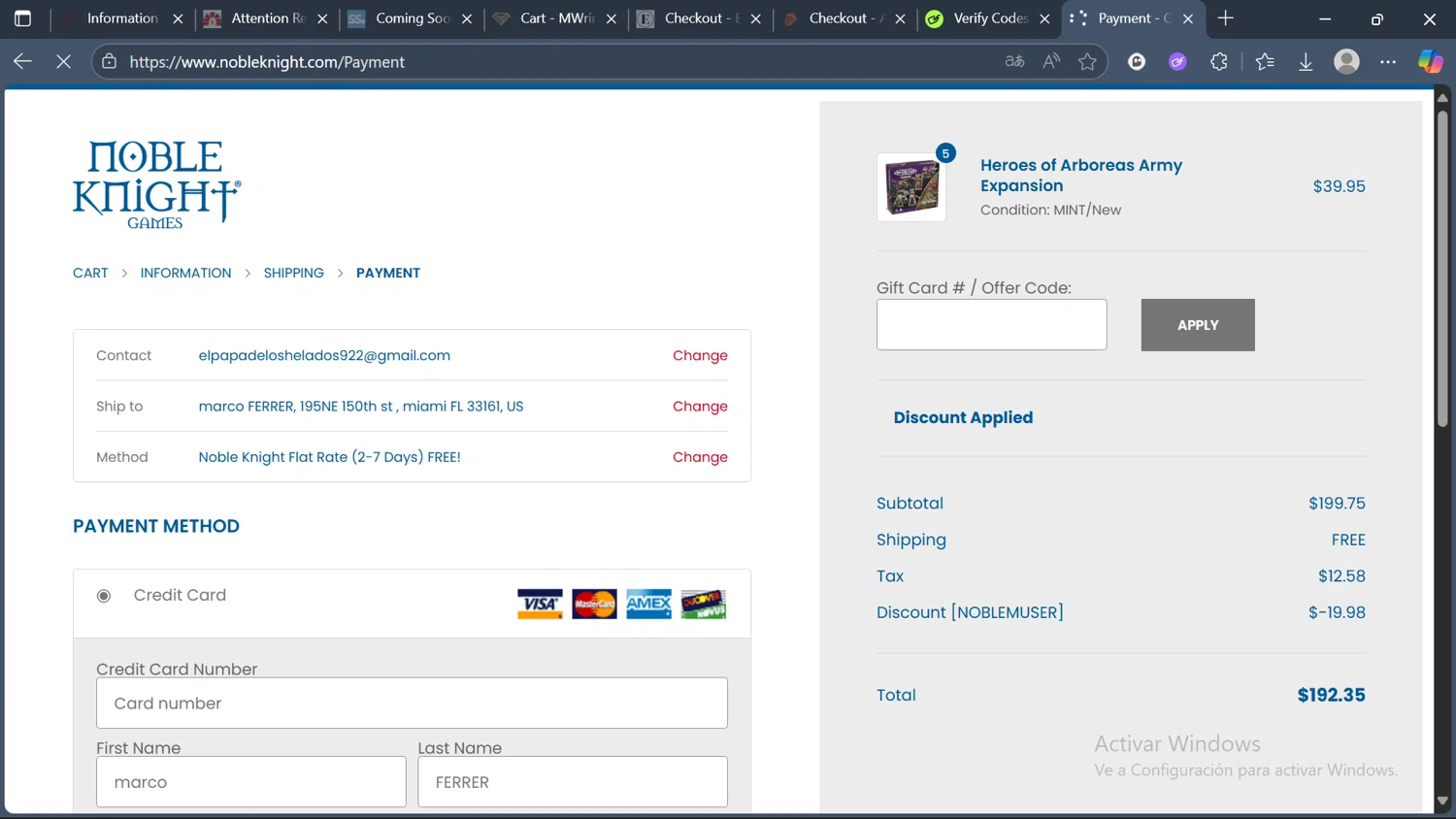 Noble Knight checkout page showing Noble Knight coupon code box | Screenshot taken by SimplyCodes community member on Oct 8, 2025
