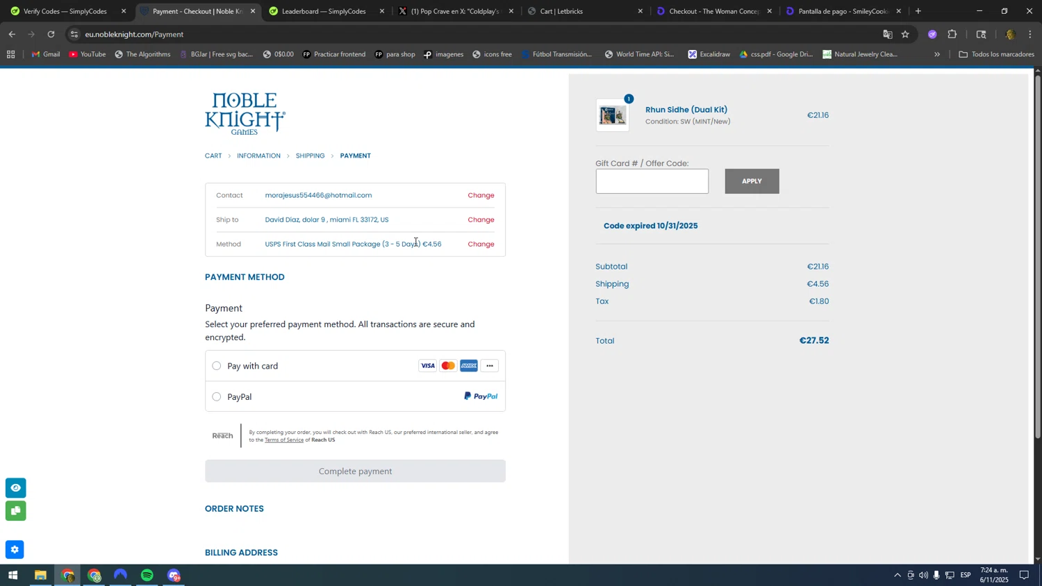 Noble Knight coupon code screenshot showing code NOBLEMUSER applied at Noble Knight checkout page. Uploaded by SimplyCodes community member kakakakakka on Nov 6, 2025