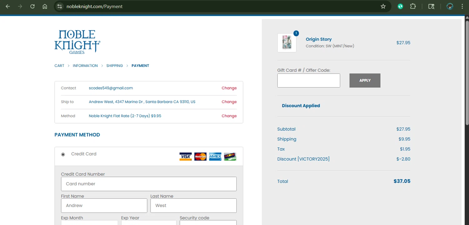 Noble Knight coupon code screenshot showing code VICTORY2025 applied at Noble Knight checkout page. Uploaded by SimplyCodes community member MariaCorinaMachado on Nov 27, 2025