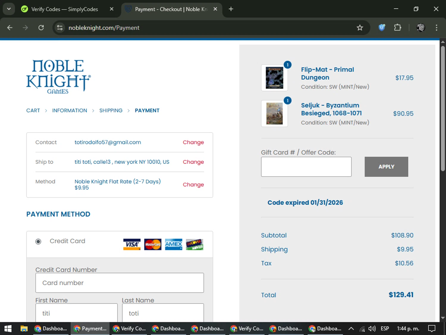 Noble Knight coupon code screenshot showing code VICTORY2025 applied at Noble Knight checkout page. Uploaded by SimplyCodes community member PrimeKnight6101 on Feb 3, 2026