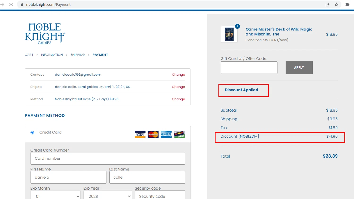 Noble Knight coupon code screenshot showing code NOBLEDM applied at Noble Knight checkout page. Uploaded by SimplyCodes community member nileskamarcano on Feb 4, 2026
