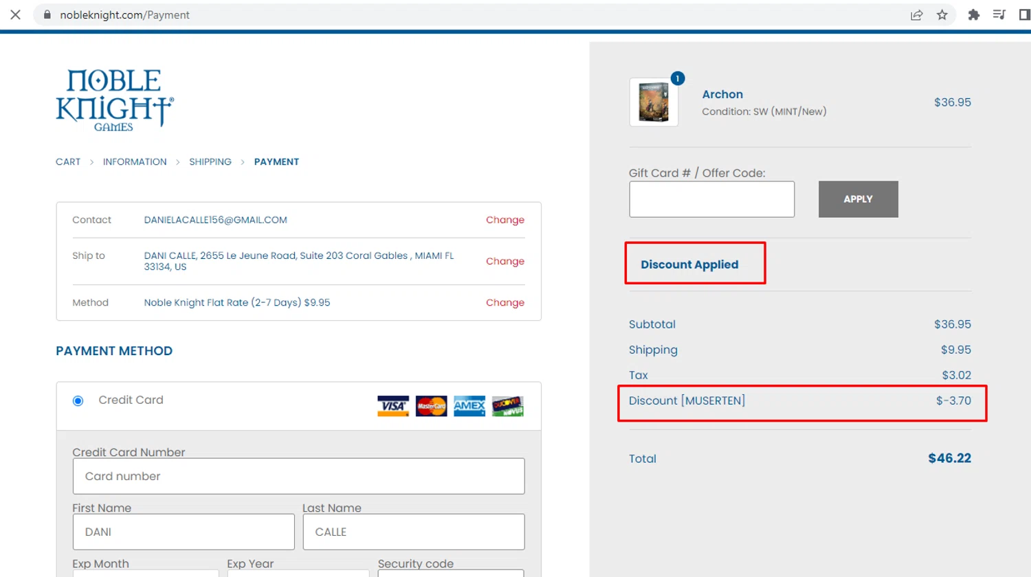 Noble Knight coupon code screenshot showing code MUSERTEN applied at Noble Knight checkout page. Uploaded by SimplyCodes community member nileskamarcano on Nov 27, 2025