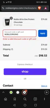NOBLEORIGINS coupon verification screenshot
