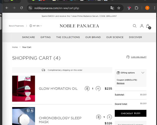 Noble Panacea checkout page showing Noble Panacea promo code box | Screenshot taken by SimplyCodes community member on Aug 1, 2025