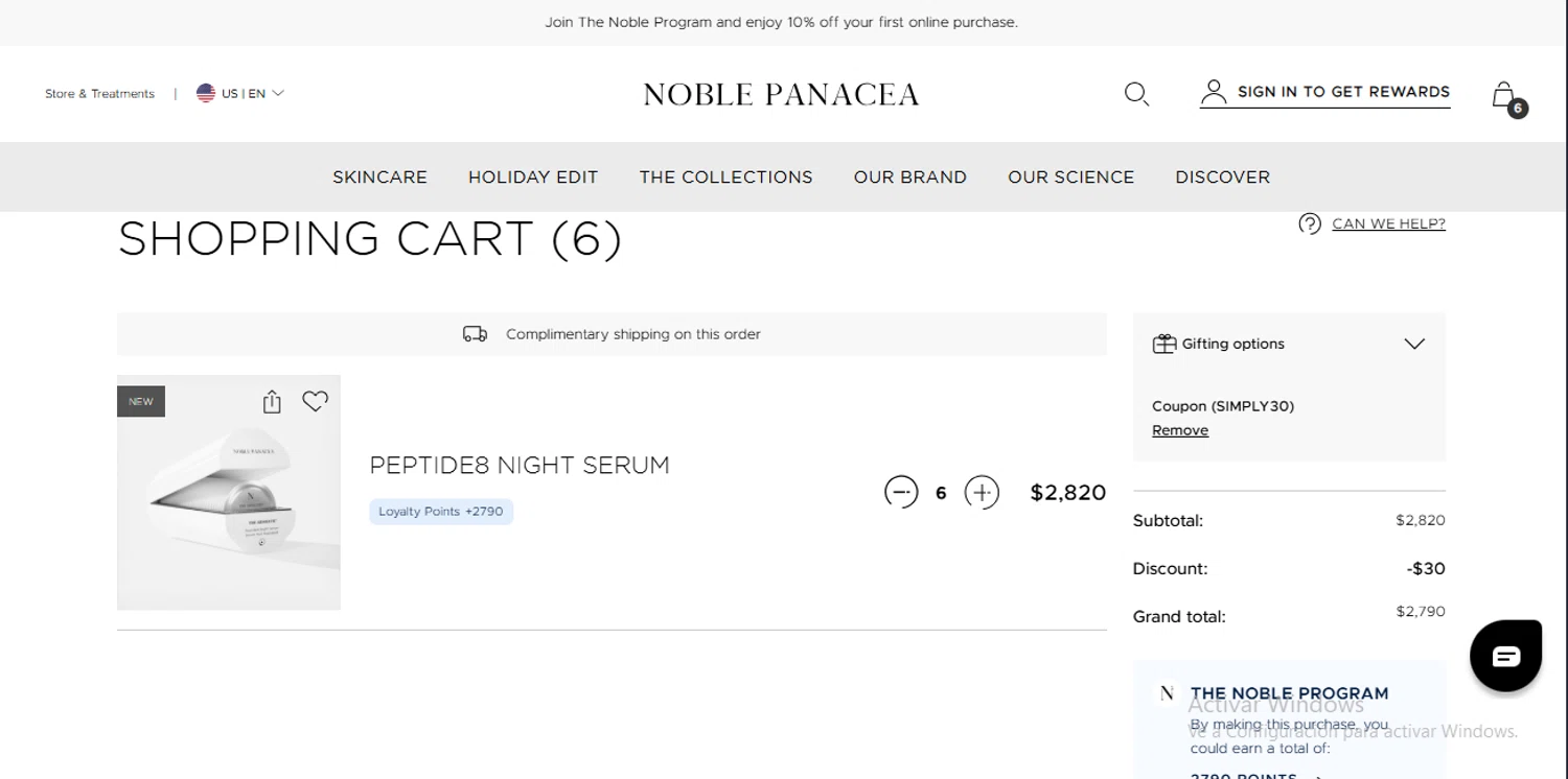 Noble Panacea promo code screenshot showing code SIMPLY30 applied at Noble Panacea checkout page. Uploaded by SimplyCodes community member RebateSpotter2821 on Nov 15, 2025