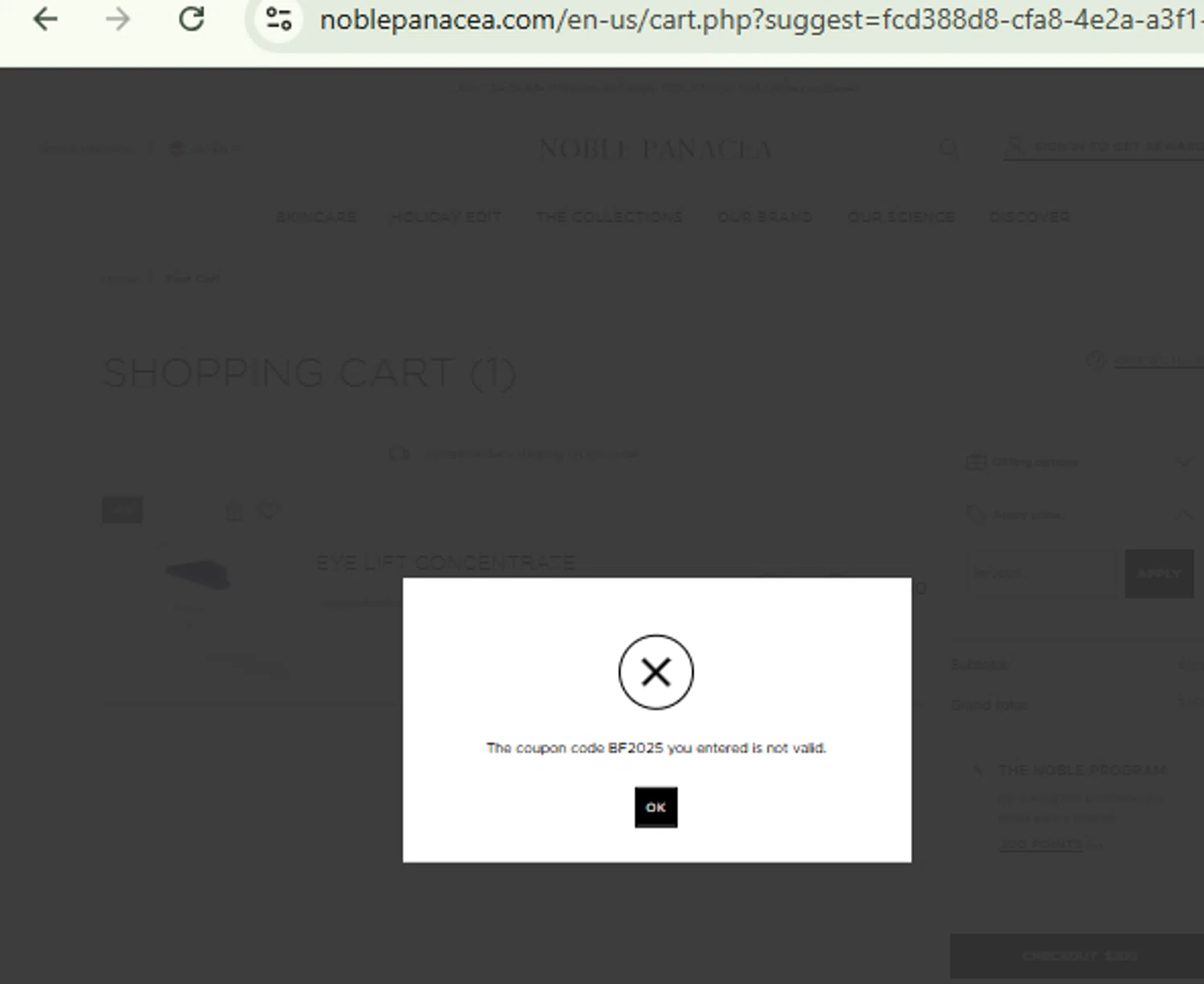 Noble Panacea promo code screenshot showing code BF2025 applied at Noble Panacea checkout page. Uploaded by SimplyCodes community member CashMaestro9337 on Nov 18, 2025