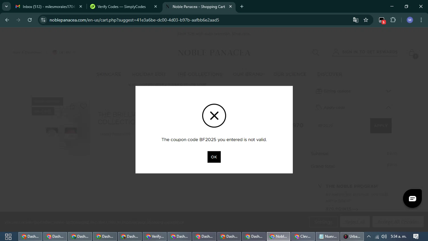 Noble Panacea promo code screenshot showing code BF2025 applied at Noble Panacea checkout page. Uploaded by SimplyCodes community member PrimeFox5260 on Nov 18, 2025