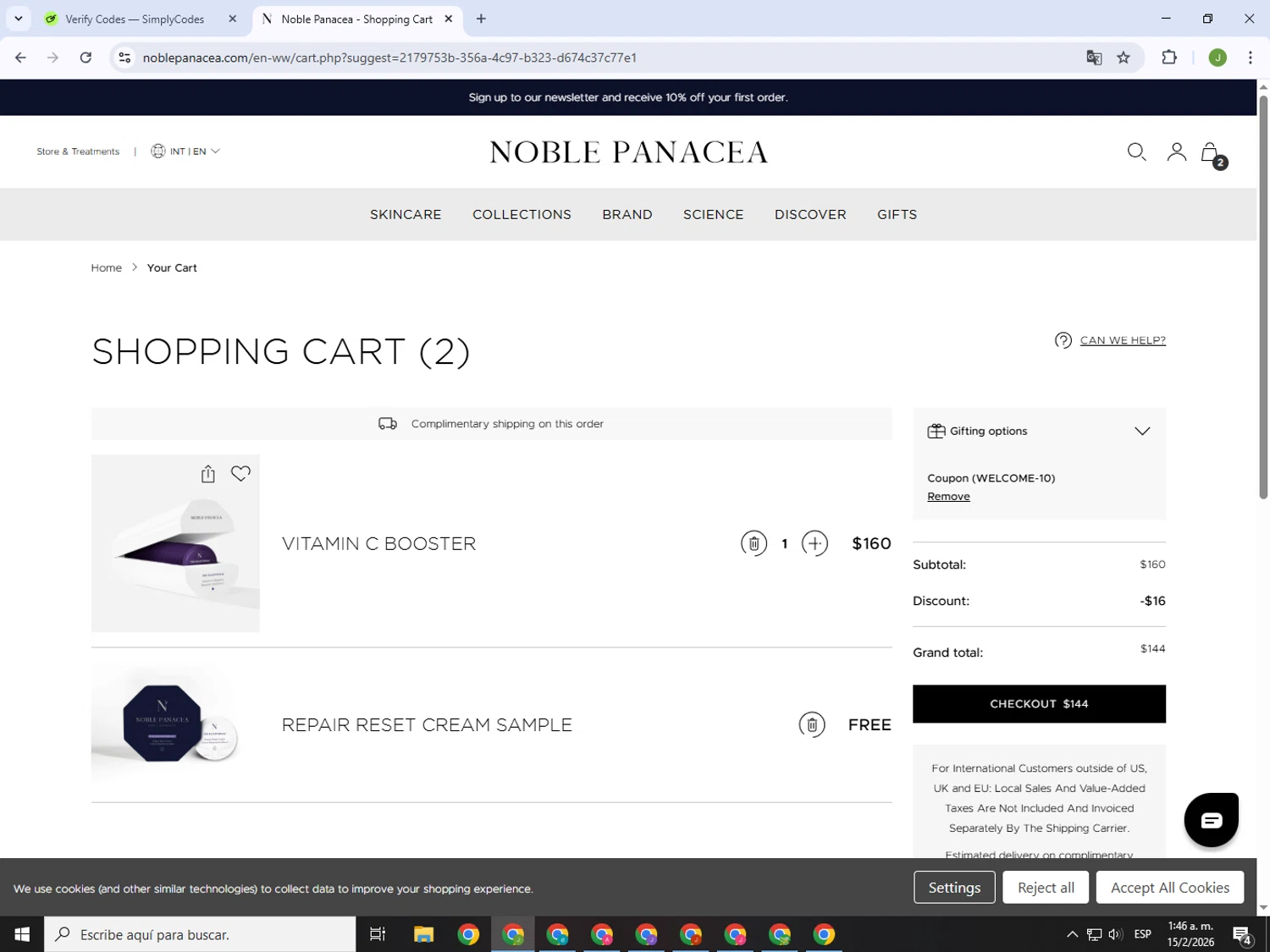 Noble Panacea promo code screenshot showing code WELCOME-10 applied at Noble Panacea checkout page. Uploaded by SimplyCodes community member MightyFinder1041 on Feb 15, 2026