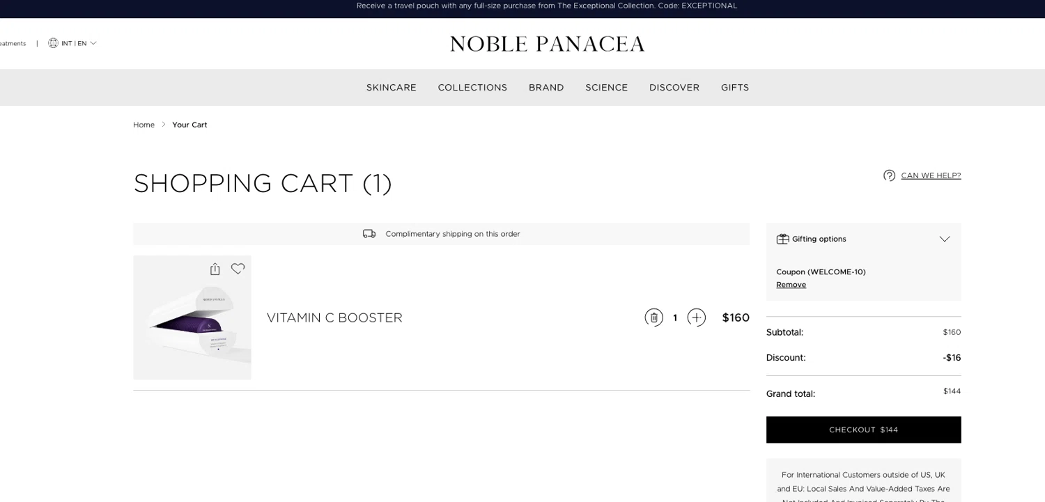 Noble Panacea promo code screenshot showing code WELCOME-10 applied at Noble Panacea checkout page. Uploaded by SimplyCodes community member ELOIN777 on Feb 11, 2026