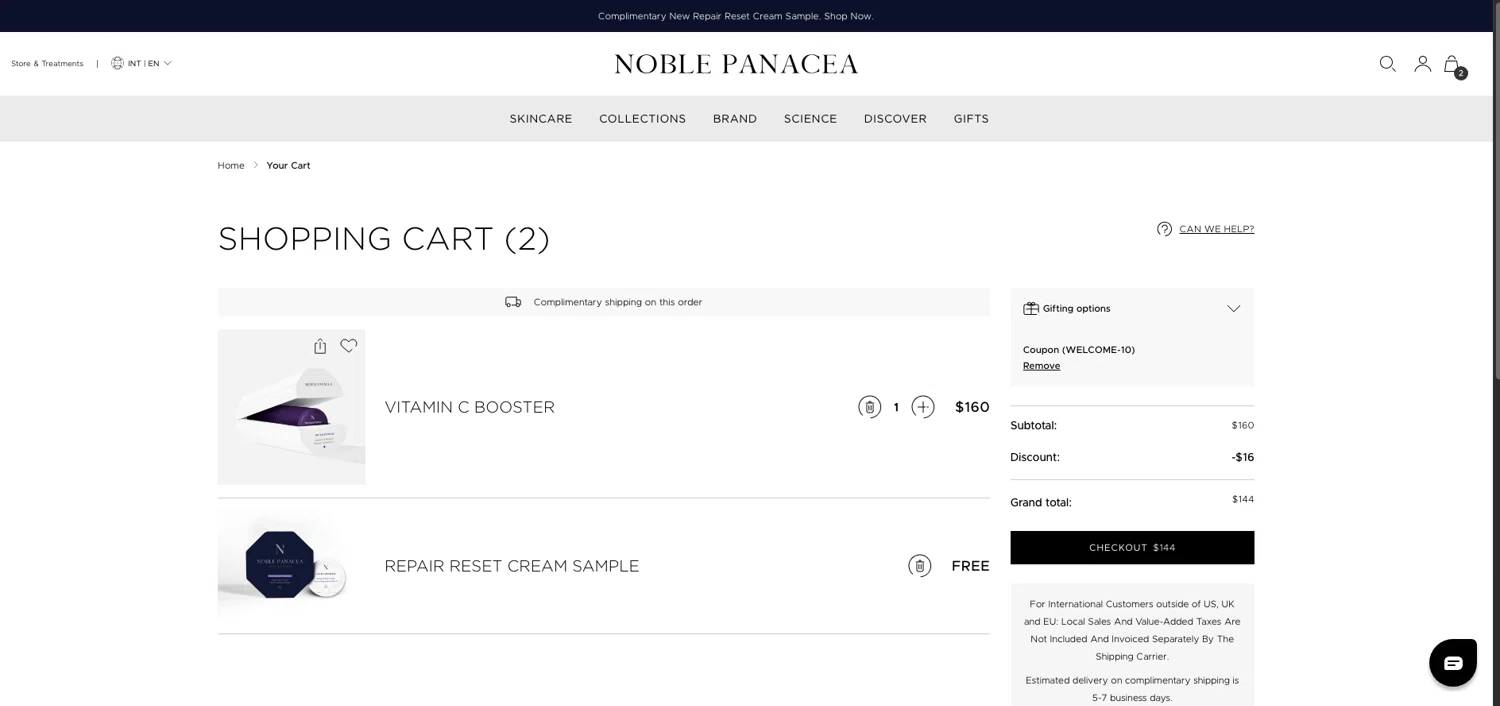 Noble Panacea promo code screenshot showing code WELCOME-10 applied at Noble Panacea checkout page. Uploaded by SimplyCodes community member ELOIN777 on Feb 15, 2026