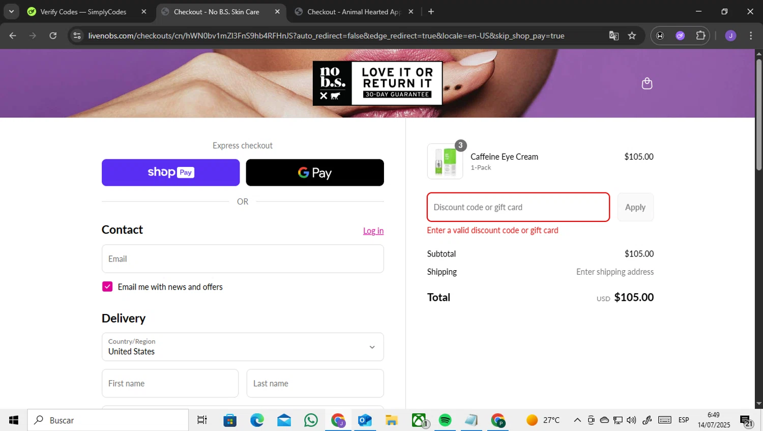 No B.S. promo code screenshot showing code GREAT-SKIN applied at No B.S. checkout page. Uploaded by SimplyCodes community member ENCARAMESSI on Jul 14, 2025