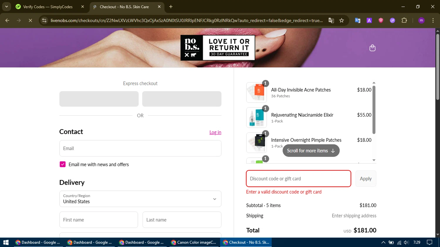 No B.S. promo code screenshot showing code GREAT-SKIN applied at No B.S. checkout page. Uploaded by SimplyCodes community member WonderHawk4272 on Jul 14, 2025