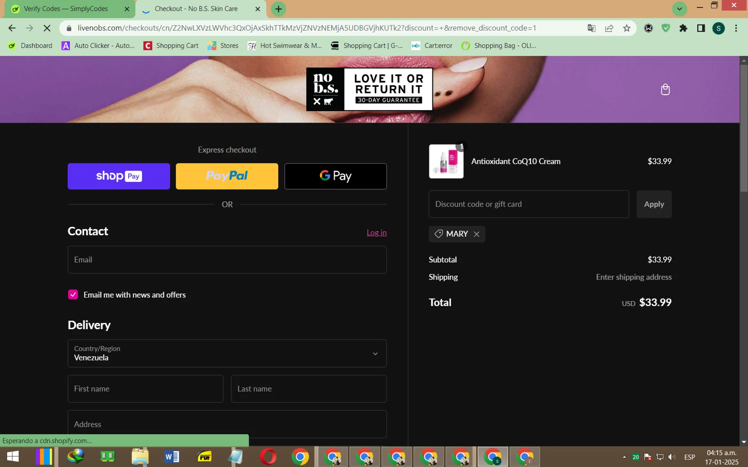 No B.S. promo code screenshot showing code MARY applied at No B.S. checkout page. Uploaded by SimplyCodes community member jeysosmoore on Jan 17, 2025
