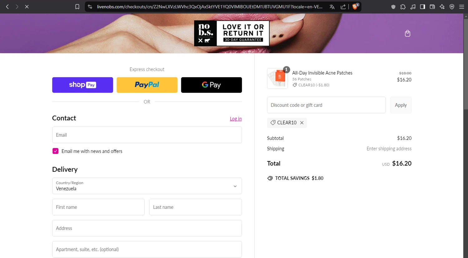 No B.S. promo code screenshot showing code CLEAR10 applied at No B.S. checkout page. Uploaded by SimplyCodes community member crischidy25 on Feb 12, 2025