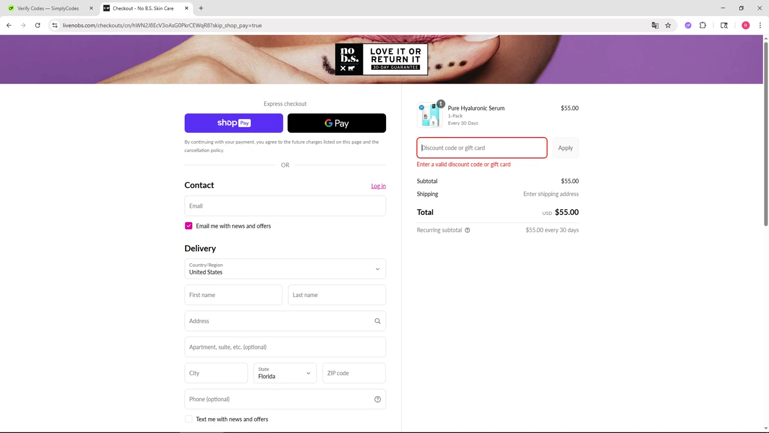 No B.S. promo code screenshot showing code BYOB15 applied at No B.S. checkout page. Uploaded by SimplyCodes community member TTTT55 on Aug 28, 2025
