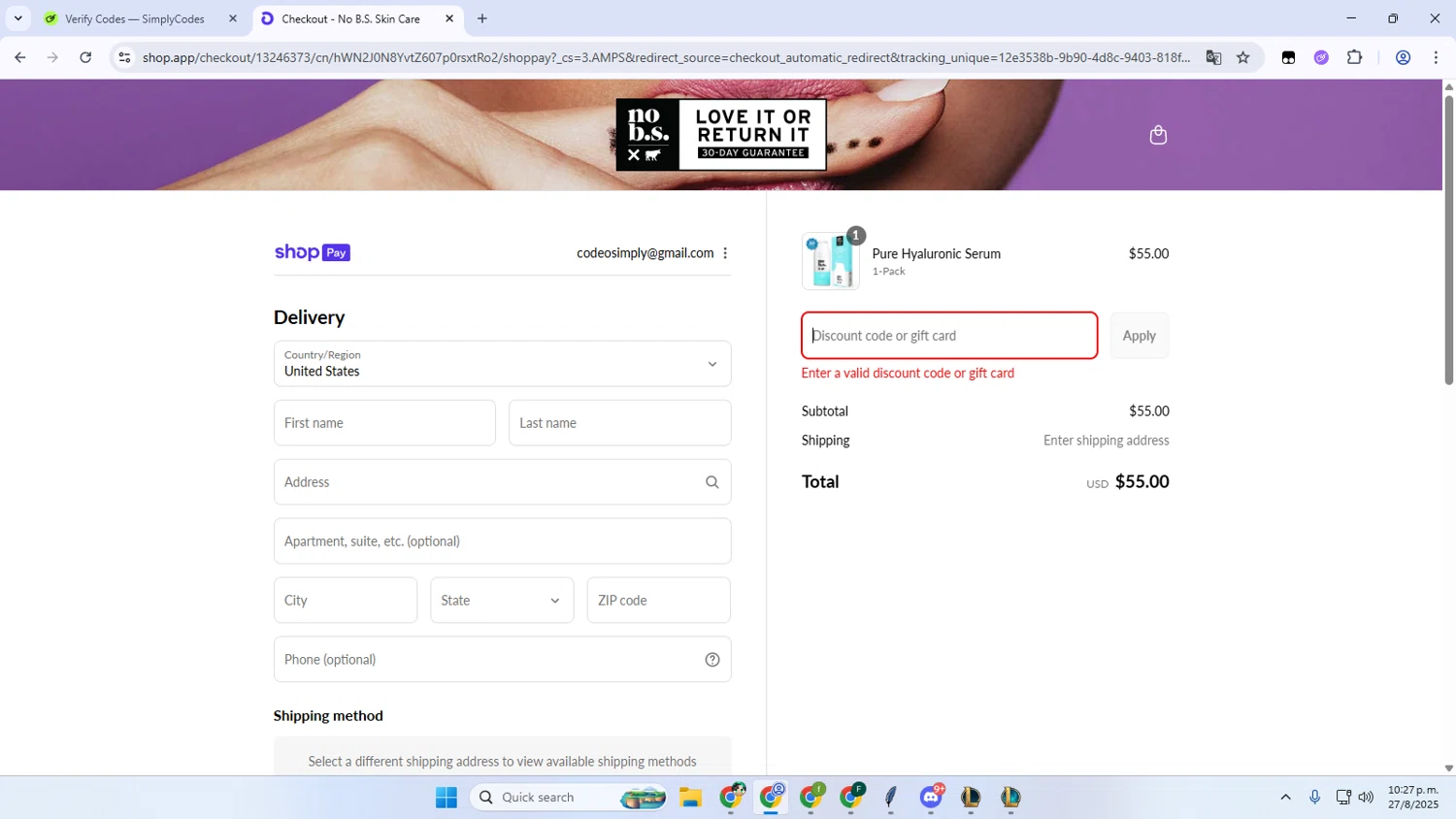 No B.S. promo code screenshot showing code BYOB15 applied at No B.S. checkout page. Uploaded by SimplyCodes community member VictoriousVoyager896 on Aug 28, 2025