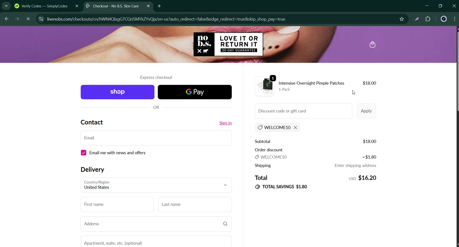 No B.S. promo code screenshot showing code Welcome10 applied at No B.S. checkout page. Uploaded by SimplyCodes community member Bernard_Lowe on Oct 23, 2025