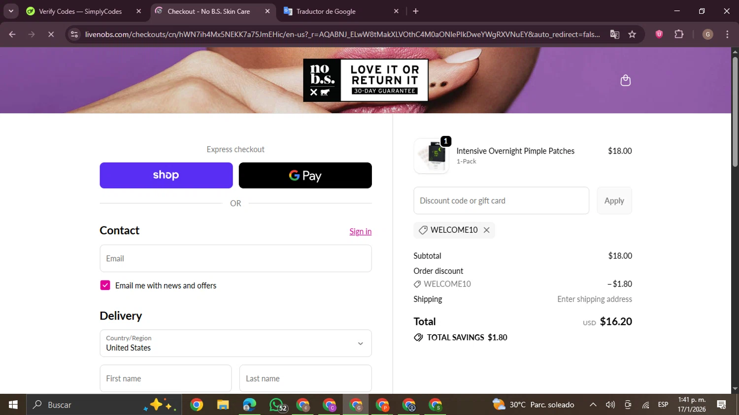 No B.S. checkout page showing No B.S. promo code box | Screenshot taken by SimplyCodes community member on Jan 17, 2026