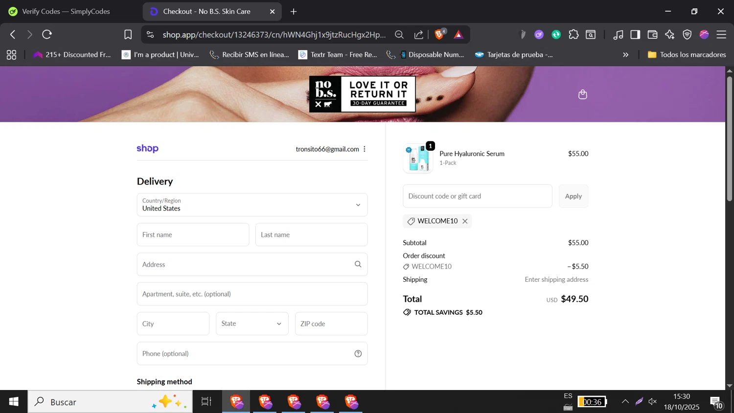 No B.S. promo code screenshot showing code Welcome10 applied at No B.S. checkout page. Uploaded by SimplyCodes community member DORIANGEL on Oct 18, 2025