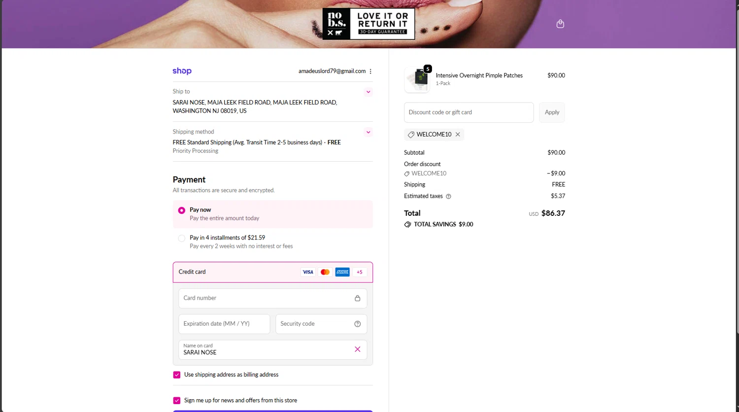 No B.S. promo code screenshot showing code Welcome10 applied at No B.S. checkout page. Uploaded by SimplyCodes community member MrsPopo on Oct 3, 2025