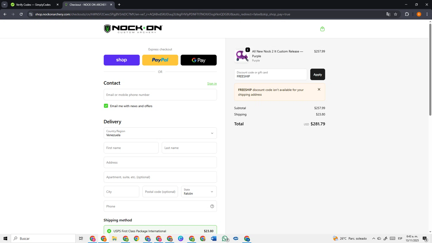 Nock On Archery discount code screenshot showing code FREESHIP applied at Nock On Archery checkout page. Uploaded by SimplyCodes community member VoucherSage2253 on Nov 13, 2025