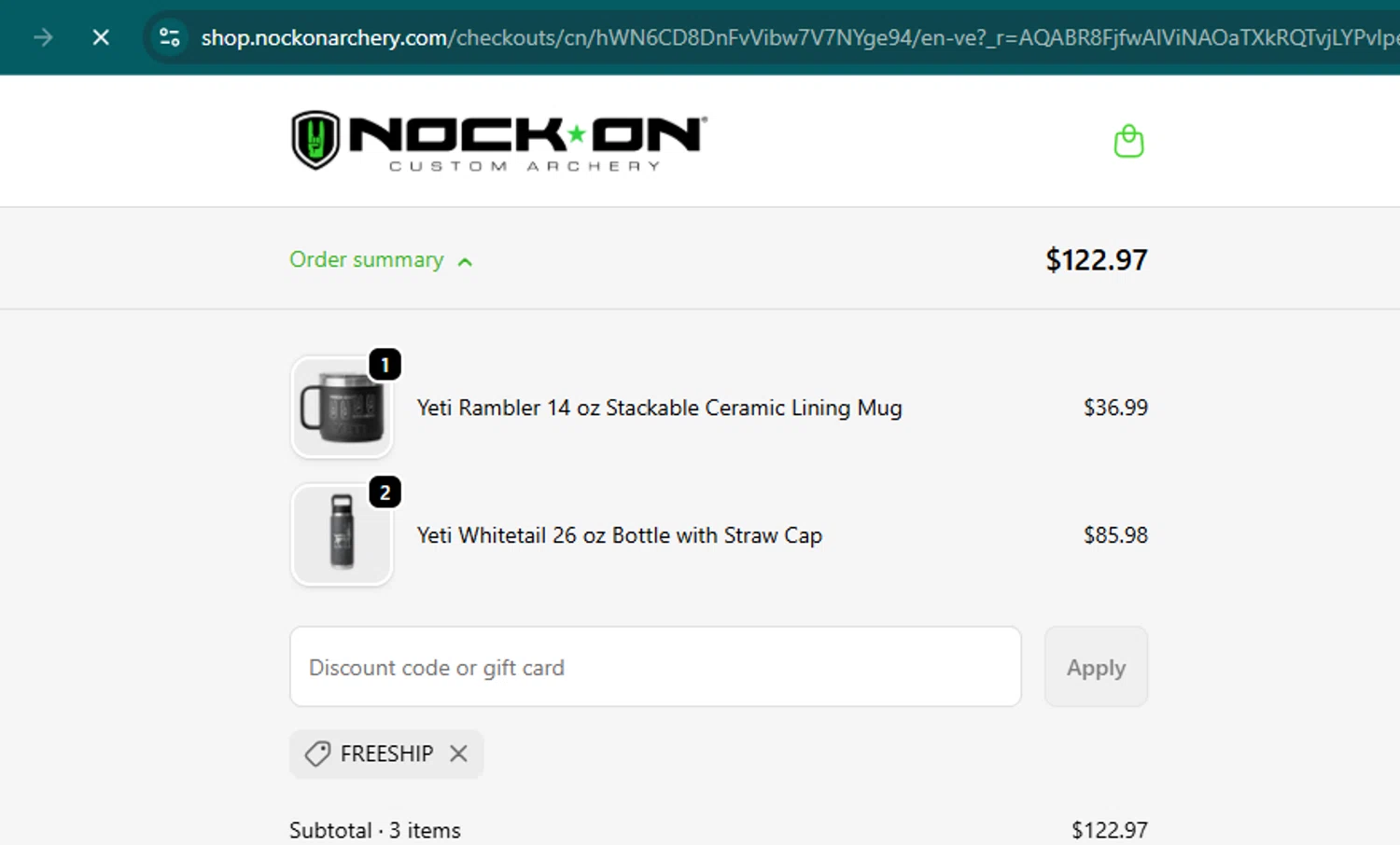 Nock On Archery discount code screenshot showing code FREESHIP applied at Nock On Archery checkout page. Uploaded by SimplyCodes community member samuelgomez2 on Dec 8, 2025