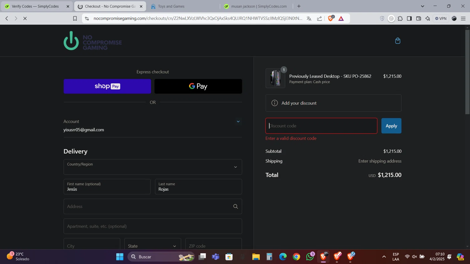 No Compromise Gaming discount code screenshot showing code THANKYOU applied at No Compromise Gaming checkout page. Uploaded by SimplyCodes community member Caraxes on Feb 4, 2025