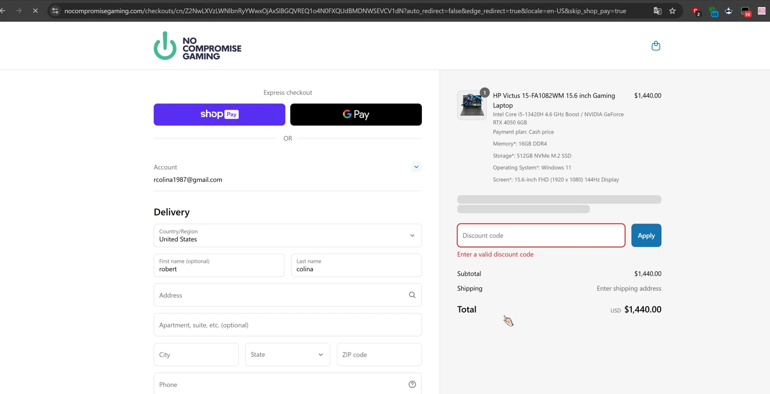 No Compromise Gaming discount code screenshot showing code THANKYOU applied at No Compromise Gaming checkout page. Uploaded by SimplyCodes community member Cbombis on Mar 16, 2025