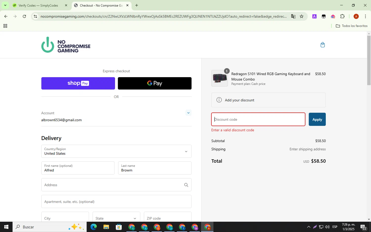 No Compromise Gaming discount code screenshot showing code TAKE10 applied at No Compromise Gaming checkout page. Uploaded by SimplyCodes community member BonusShopper323 on Mar 1, 2025