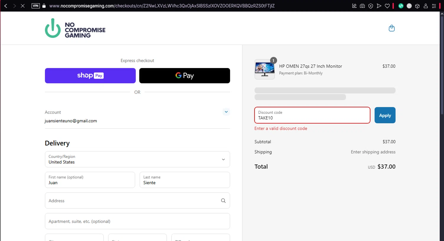 No Compromise Gaming discount code screenshot showing code TAKE10 applied at No Compromise Gaming checkout page. Uploaded by SimplyCodes community member ronaldacunajr13 on Mar 20, 2025