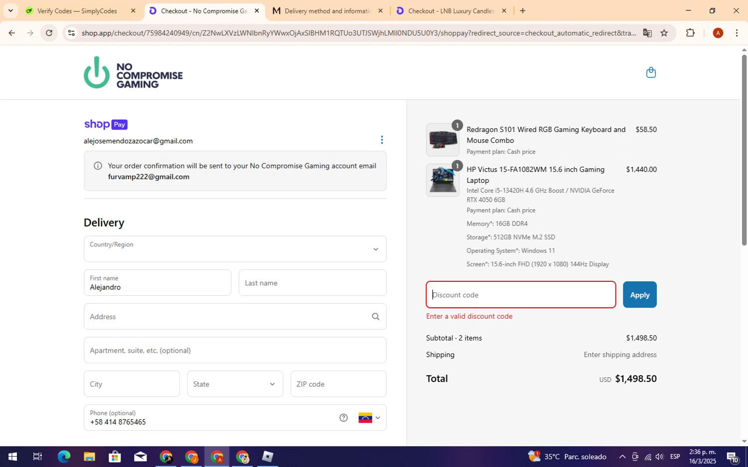No Compromise Gaming discount code screenshot showing code THANKS applied at No Compromise Gaming checkout page. Uploaded by SimplyCodes community member CryBabyy on Mar 16, 2025