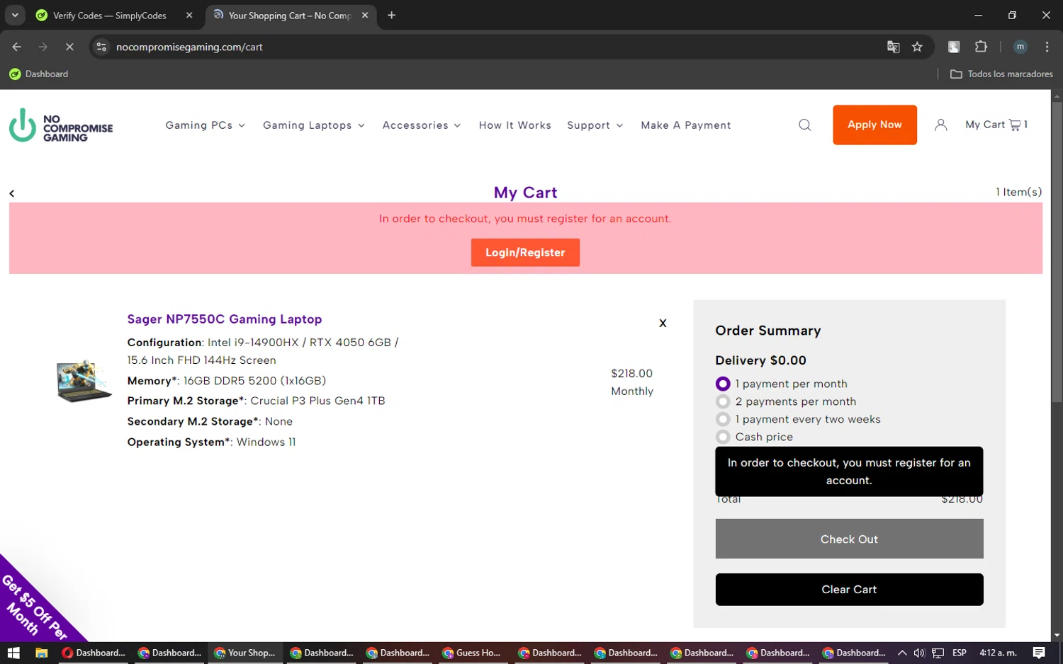 No Compromise Gaming discount code screenshot showing code THANKS applied at No Compromise Gaming checkout page. Uploaded by SimplyCodes community member CoinHunter3841 on Jan 24, 2025