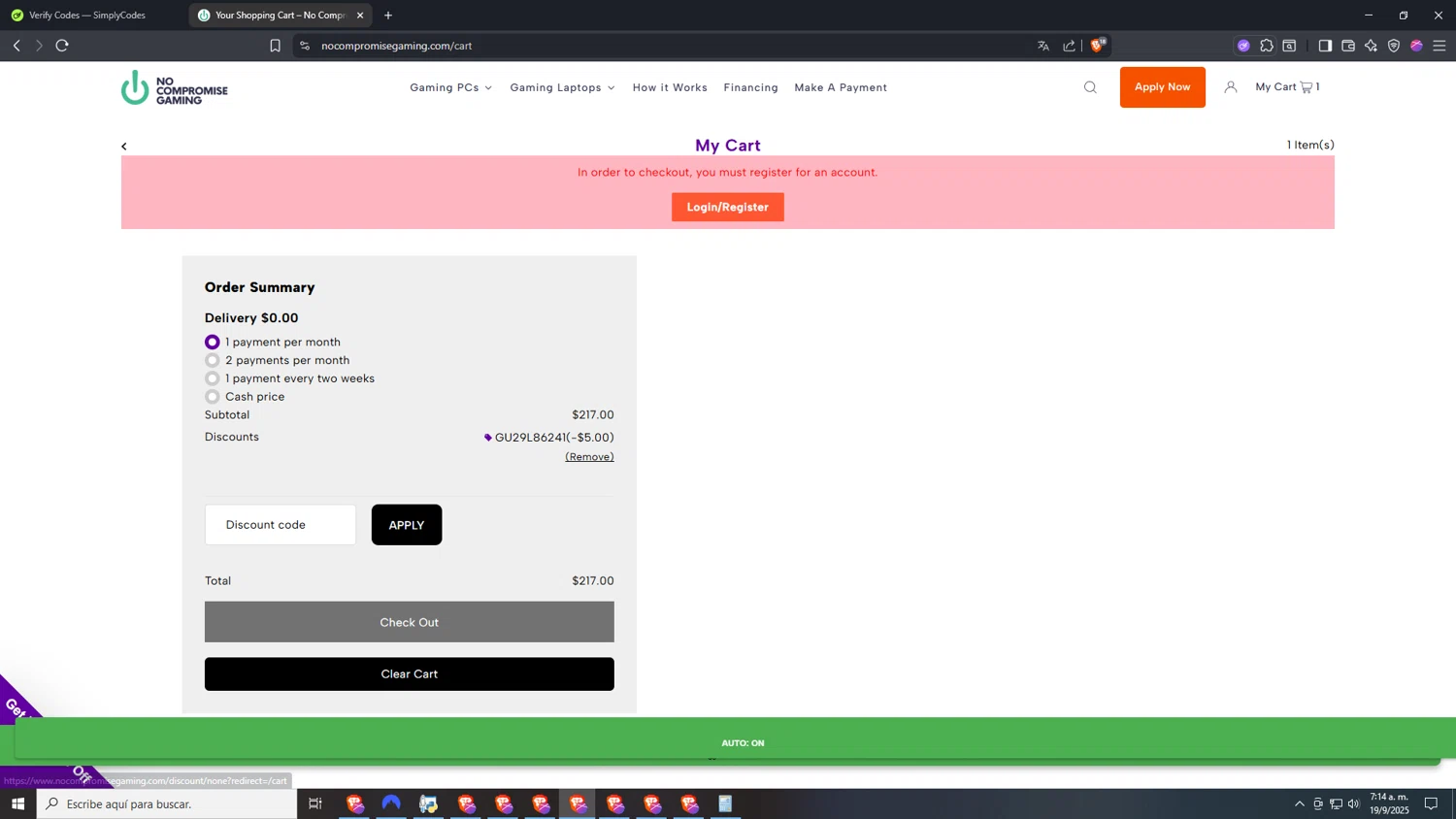 No Compromise Gaming discount code screenshot showing code GU29L86241 applied at No Compromise Gaming checkout page. Uploaded by SimplyCodes community member VictoriousDefender7352 on Sep 19, 2025