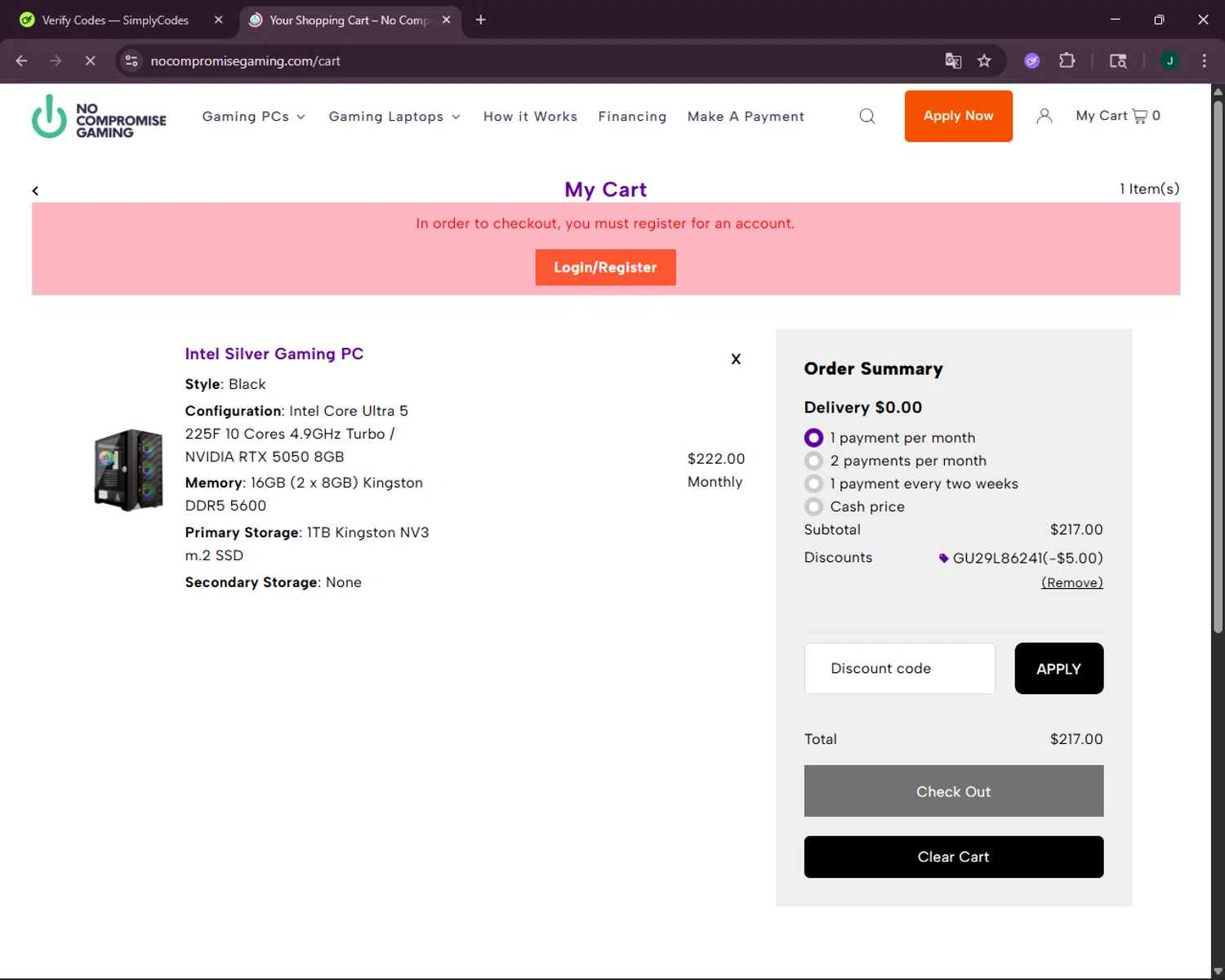 No Compromise Gaming discount code screenshot showing code GU29L86241 applied at No Compromise Gaming checkout page. Uploaded by SimplyCodes community member VictoriousOwl2774 on Oct 27, 2025
