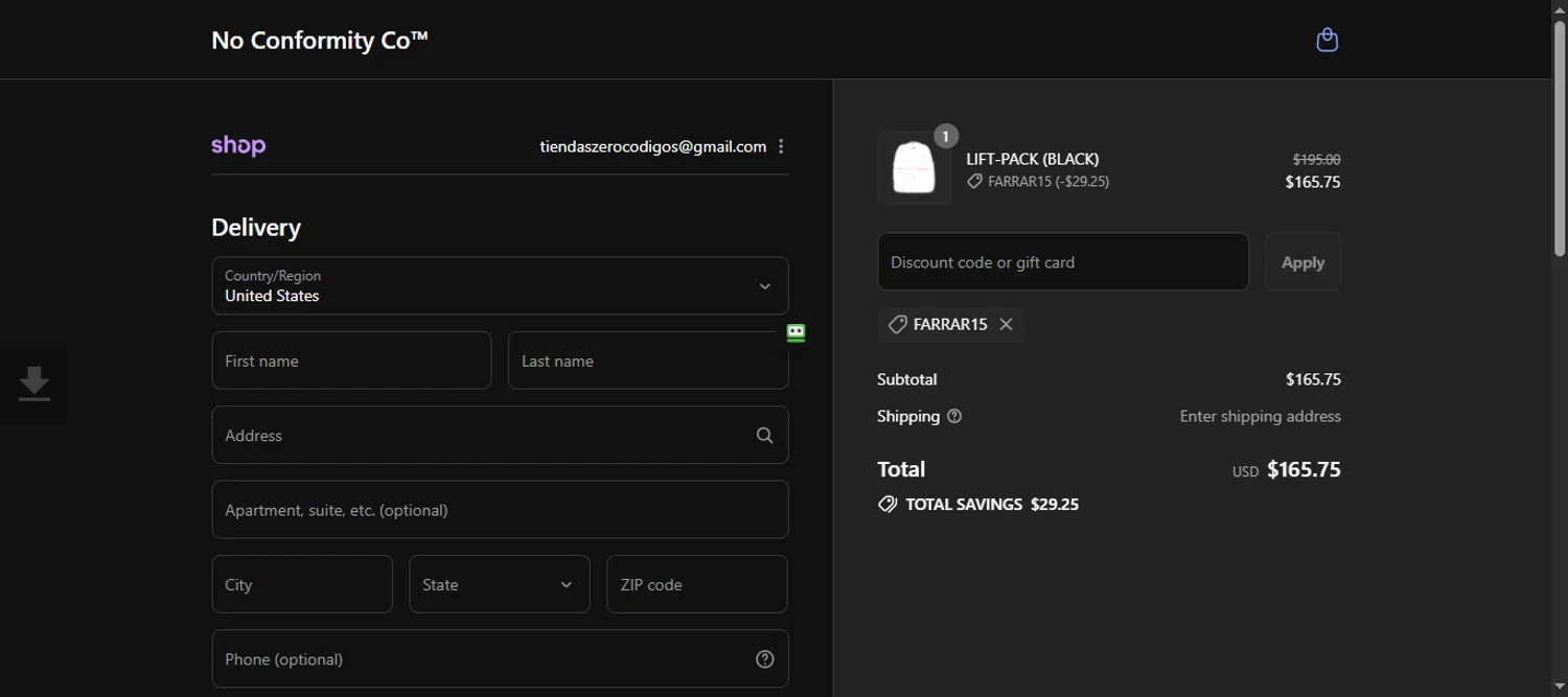 NoConformity promo code screenshot showing code Farrar15 applied at NoConformity checkout page. Uploaded by SimplyCodes community member 111111 on Sep 6, 2025