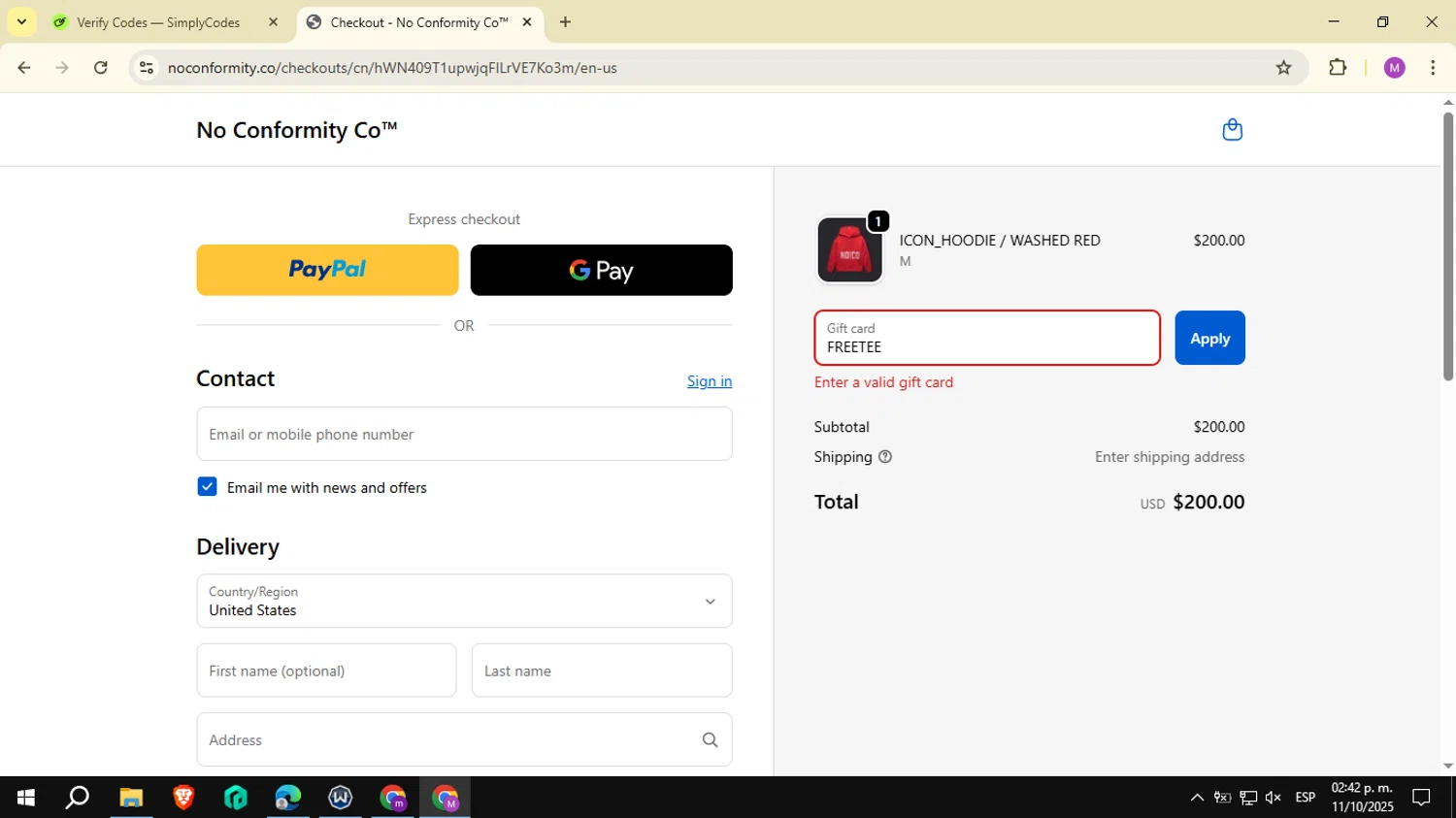 NoConformity promo code screenshot showing code FREETEE applied at NoConformity checkout page. Uploaded by SimplyCodes community member NobleSeeker3177 on Oct 11, 2025