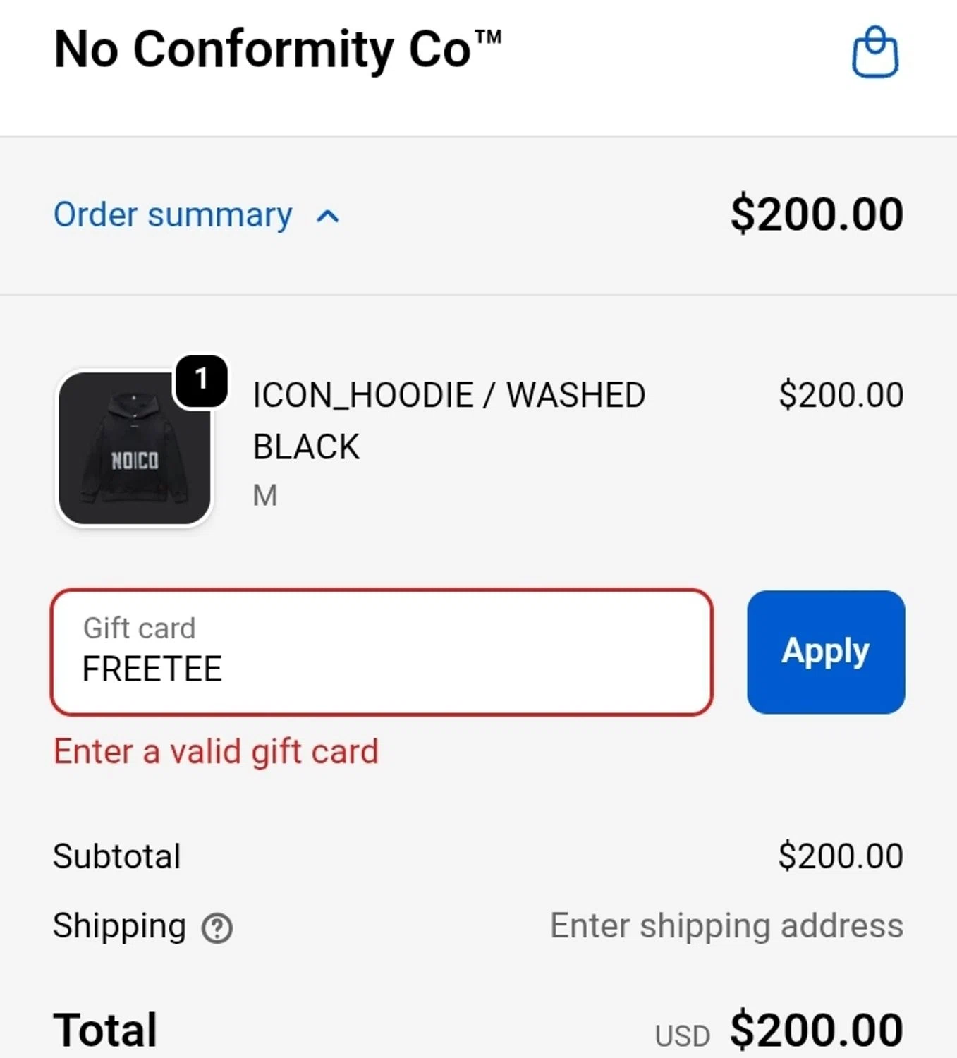 NoConformity promo code screenshot showing code FREETEE applied at NoConformity checkout page. Uploaded by SimplyCodes community member ValiantCurator3344 on Oct 11, 2025